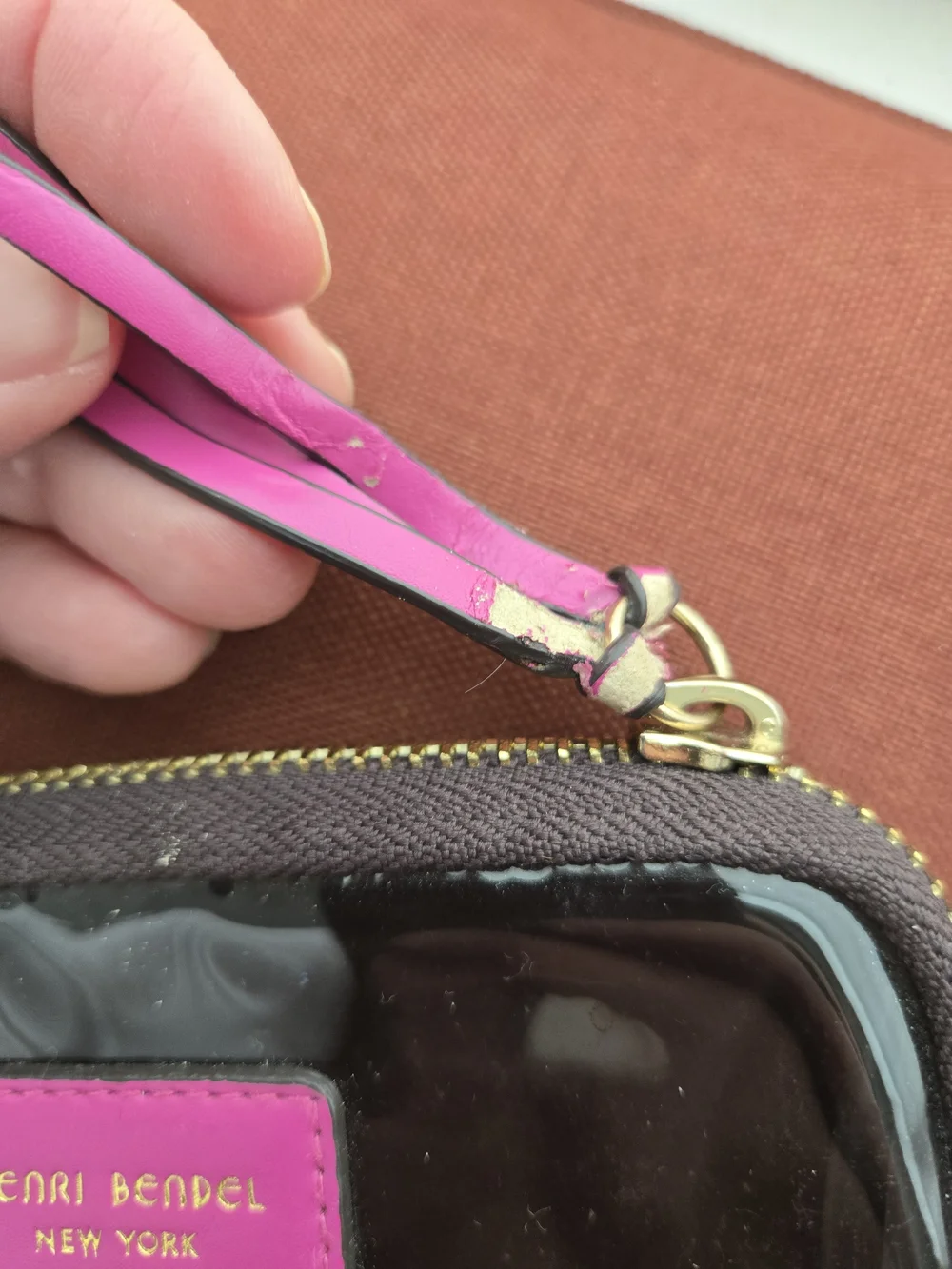 Henri Bendel Dark Brown  Cosmetic Pouch and Coin Purse with Pink Accents
